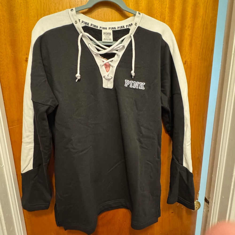 PINK Victoria's Secret Black and Gray Lace-Up Sweatshirt